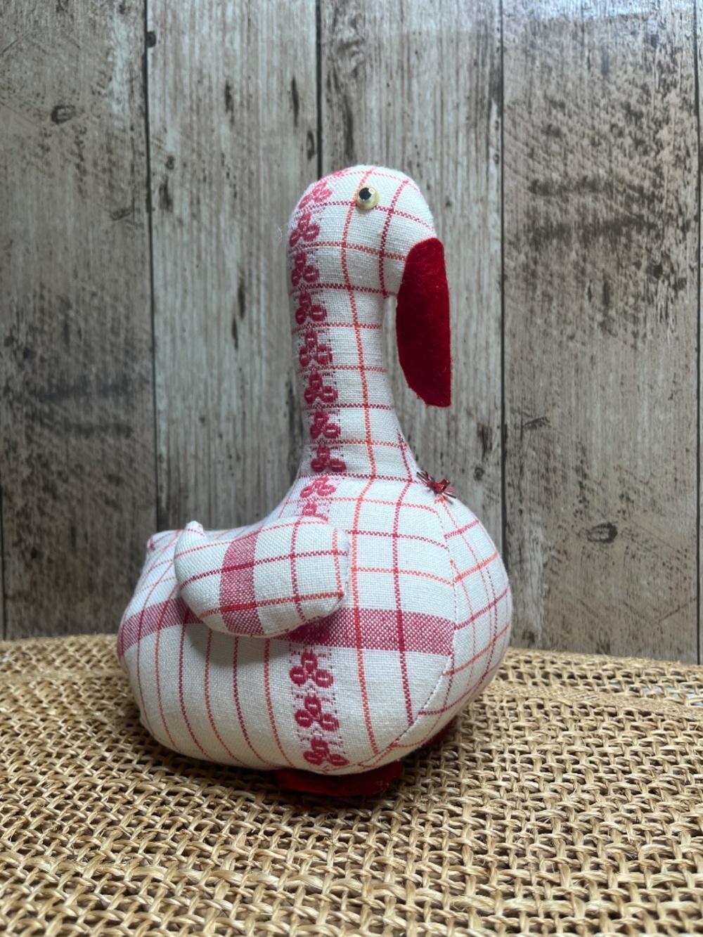 Vintage Red & White Plaid Goose Duck Fabric Plush Holiday Decor - Picture 2 of 6